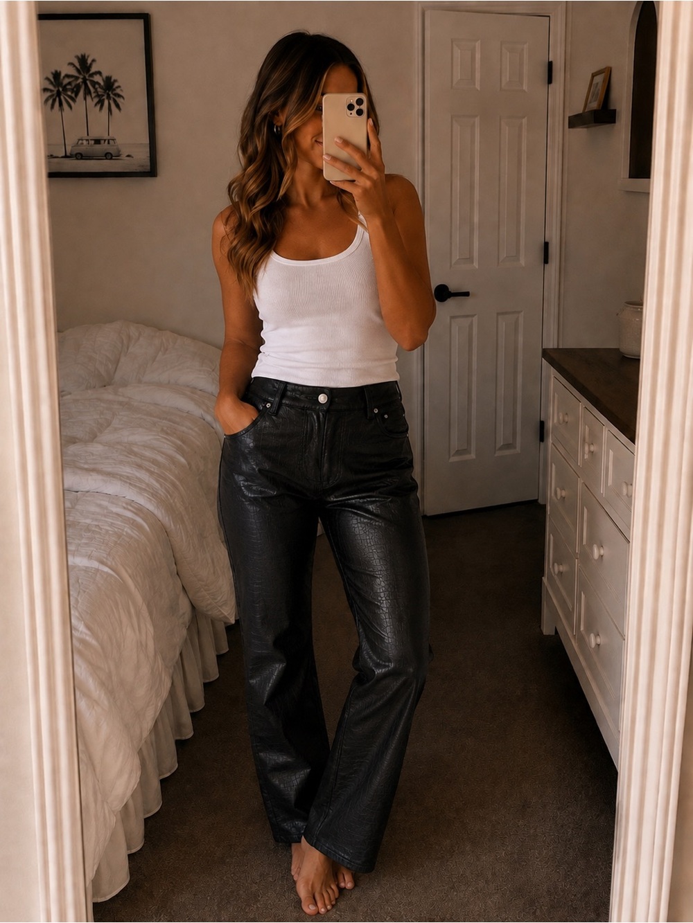 Women’s Black Faux Leather Wide-Leg Jeans - Classic Black crocodile leather 8